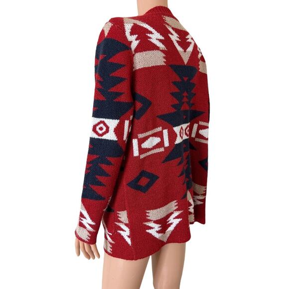 Cardigan sweater Aztec open front deep red front pockets SZ M soft western style - Picture 3 of 6